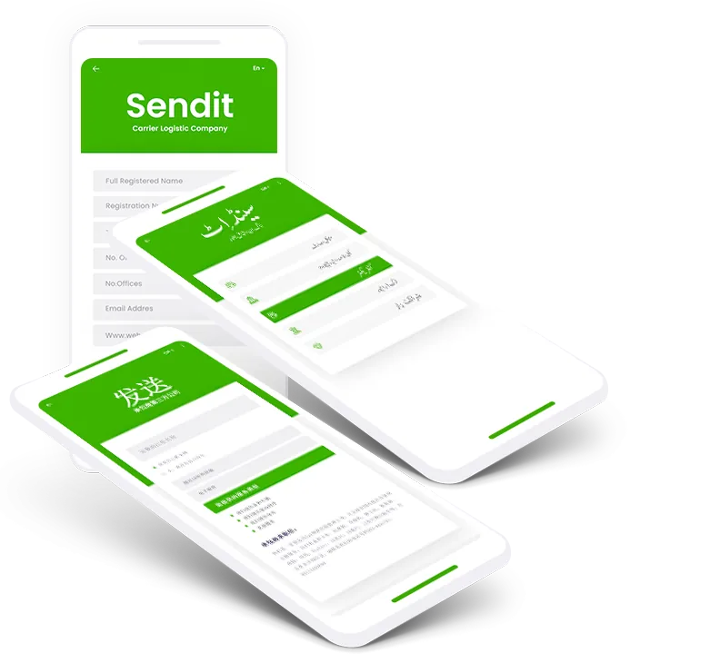 SENDIT app screens in English, Urdu and Chinese
